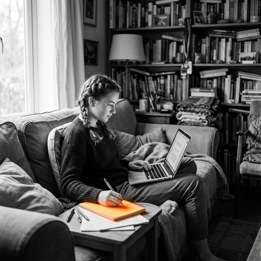 Student studying at home with orange notebook