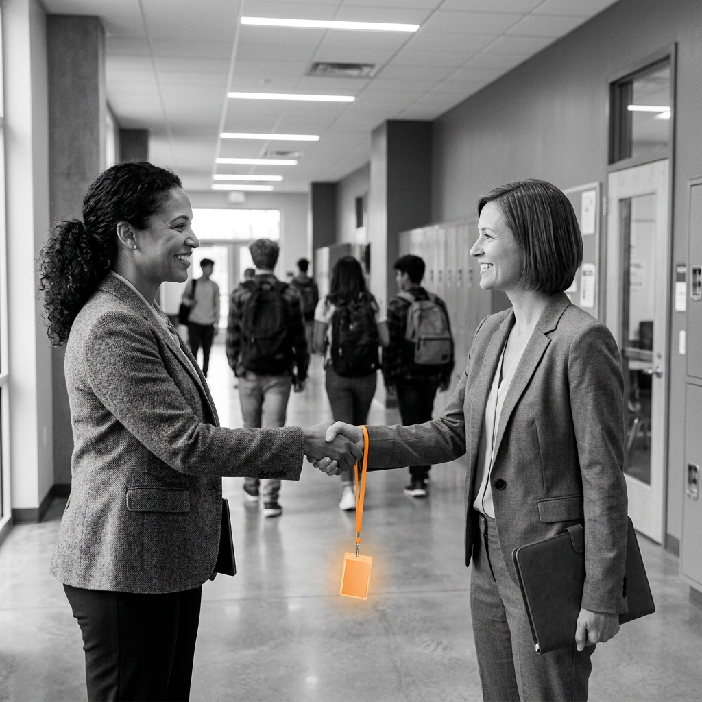 School administrators shaking hands with orange badge