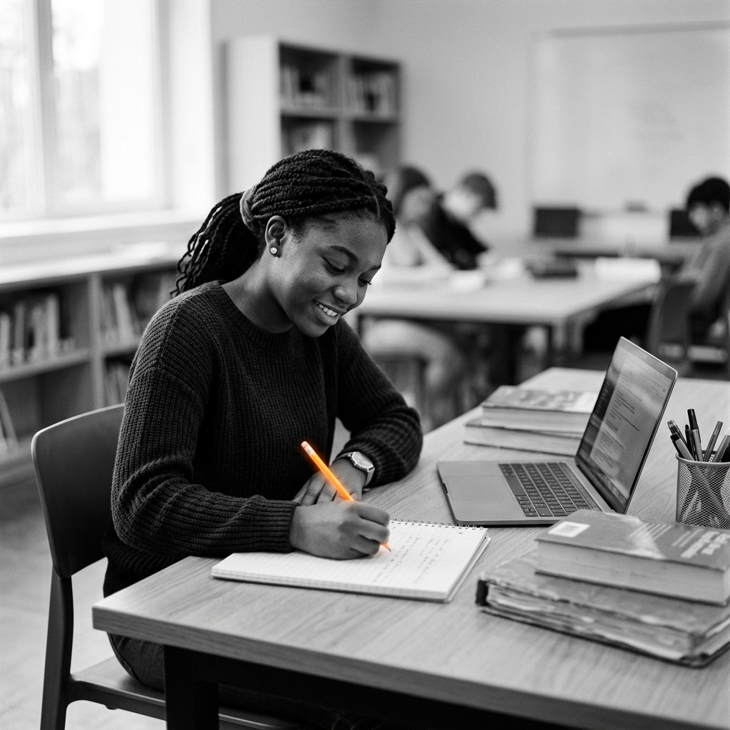 Student studying with orange pencil