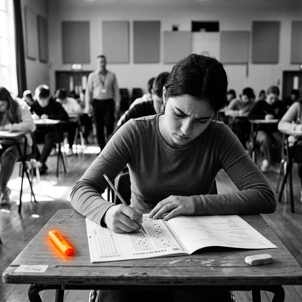 Student taking exam with orange highlighter