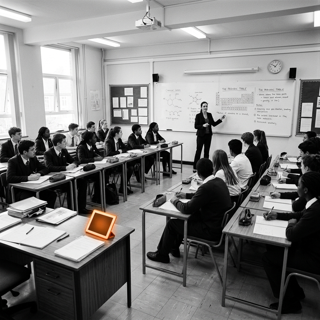 Classroom with teacher and orange tablet