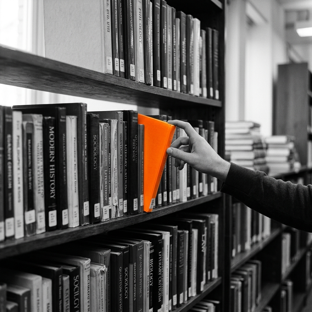 Hand pulling orange book from bookshelf